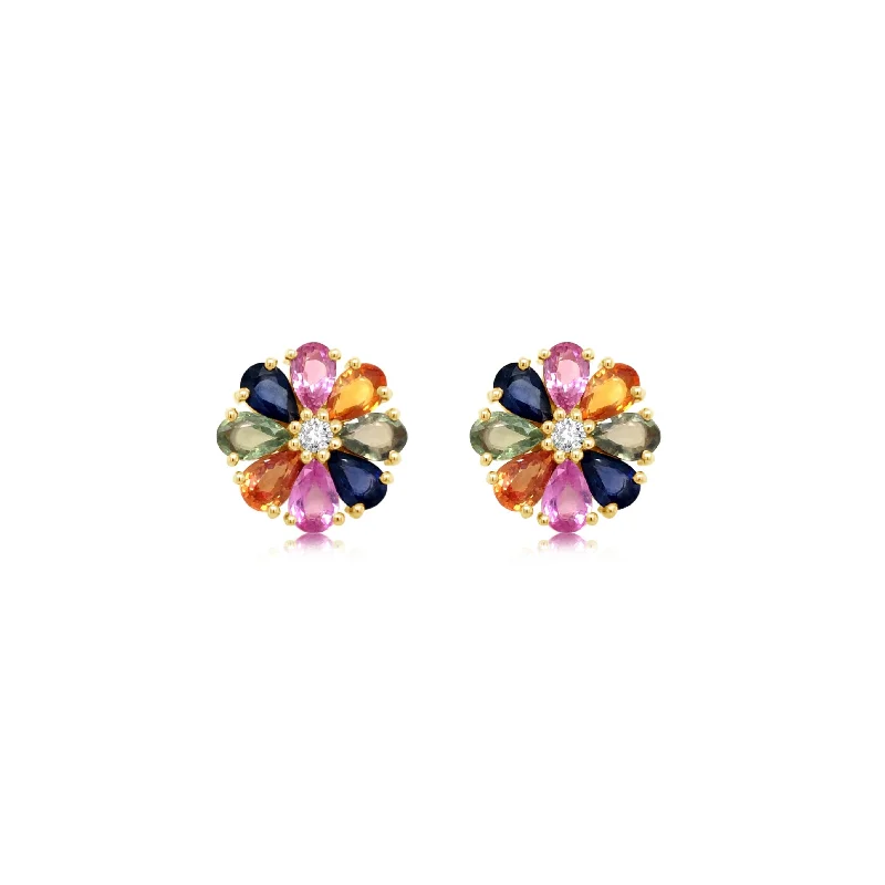 Pear Shape Rainbow Sapphire and Diamond Button Studs