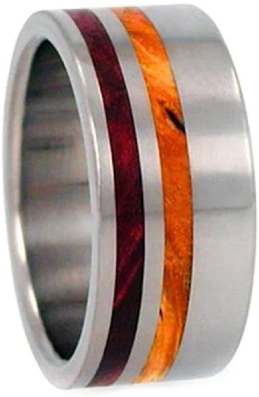 Redwood, Gold Box Elder Burl 10mm Comfort Fit Titanium Wedding Band, Size 10.75