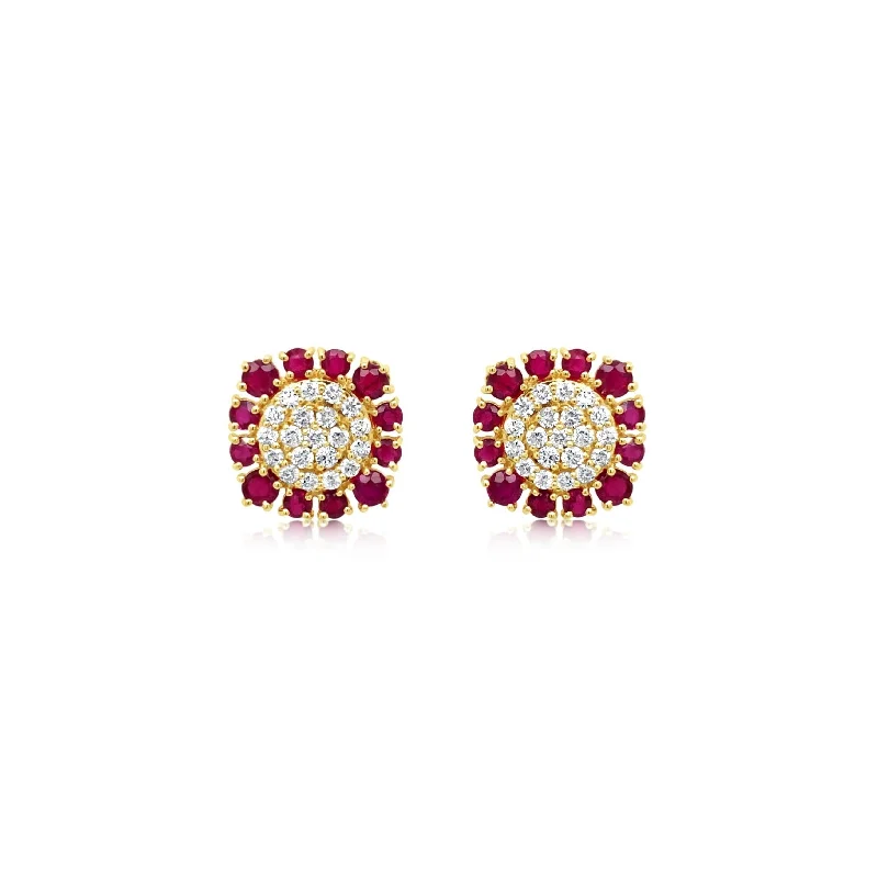 Ruby and Diamond Square Stud Earrings