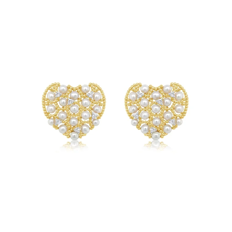 Small Diamond Studded Pearl Heart Earrings