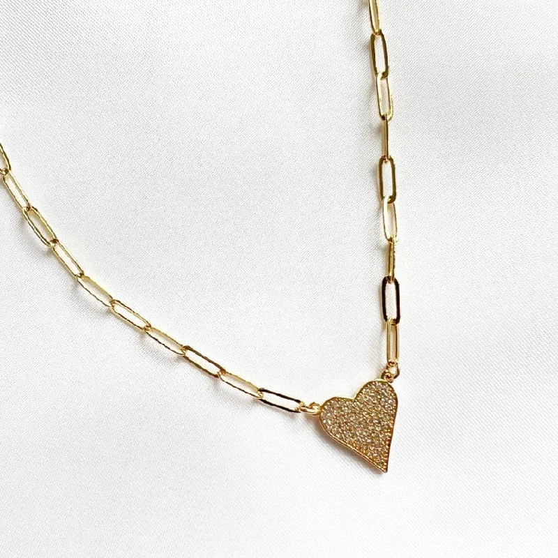 Stay True Pave Heart Paperclip Necklace Gold Filled