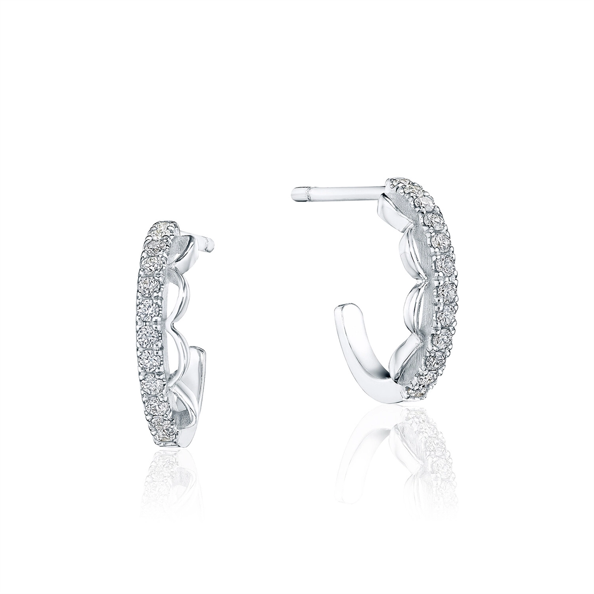 Tacori Crescent Bar 14K White Gold French Pave Diamond Huggie Hoop Earrings