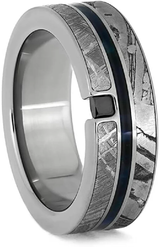 The Men's Jewelry Store (Unisex Jewelry) Black Diamond, Seymchan Meteorite, Blue Box Elder Wood, Gibeon Meteorite 8.5mm Titanium Comfort-Fit Wedding Band, Size 15.75