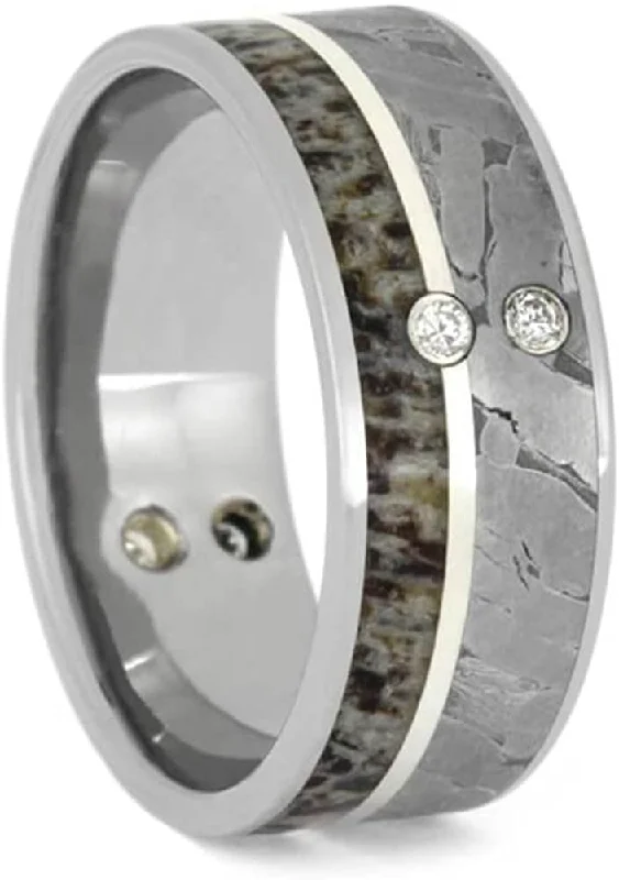 The Men's Jewelry Store (Unisex Jewelry) Diamond, Seymchan Meteorite, Deer Antler, Sterling Silver 9mm Titanium Comfort-Fit Wedding Band, Size 14.25