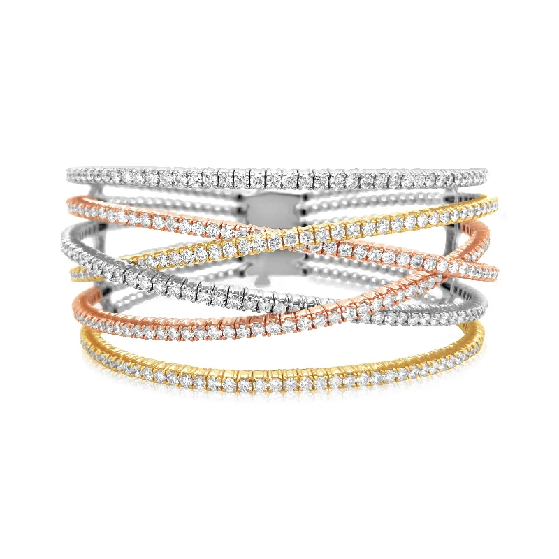 Tri-Color Diamond Crisscross Cuff Bangle