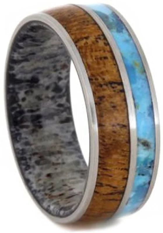 Turquoise, Mesquite Wood, Deer Antler Sleeve 7mm Comfort-Fit Brushed Titanium Wedding Band, Size 6.75