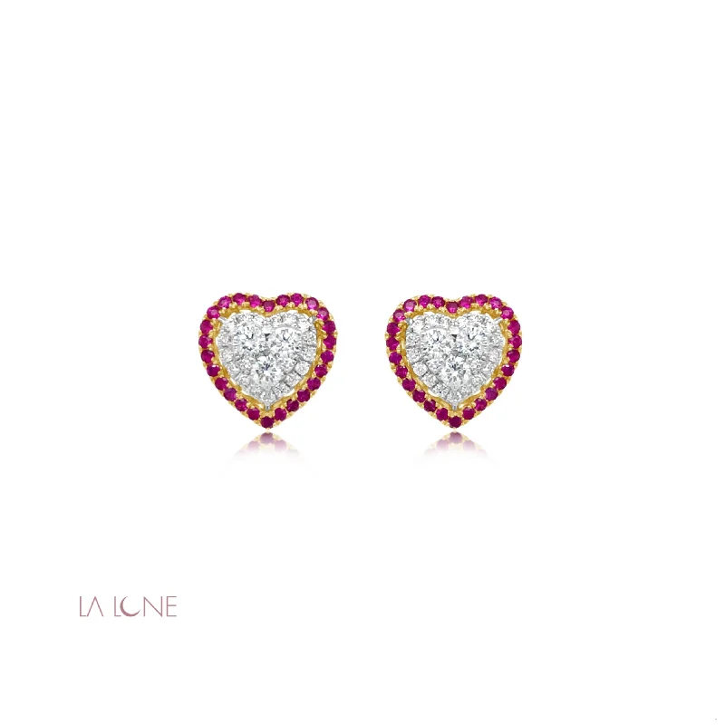 Diamond and Ruby Halo Heart Studs - LaLune