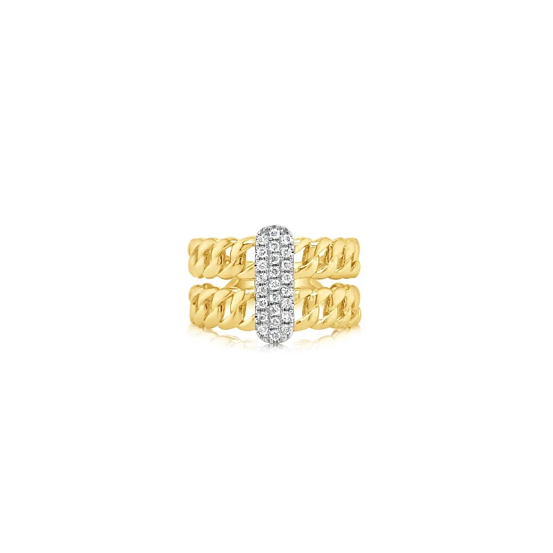 Two Row Link Ring With Diamond Pavé Center