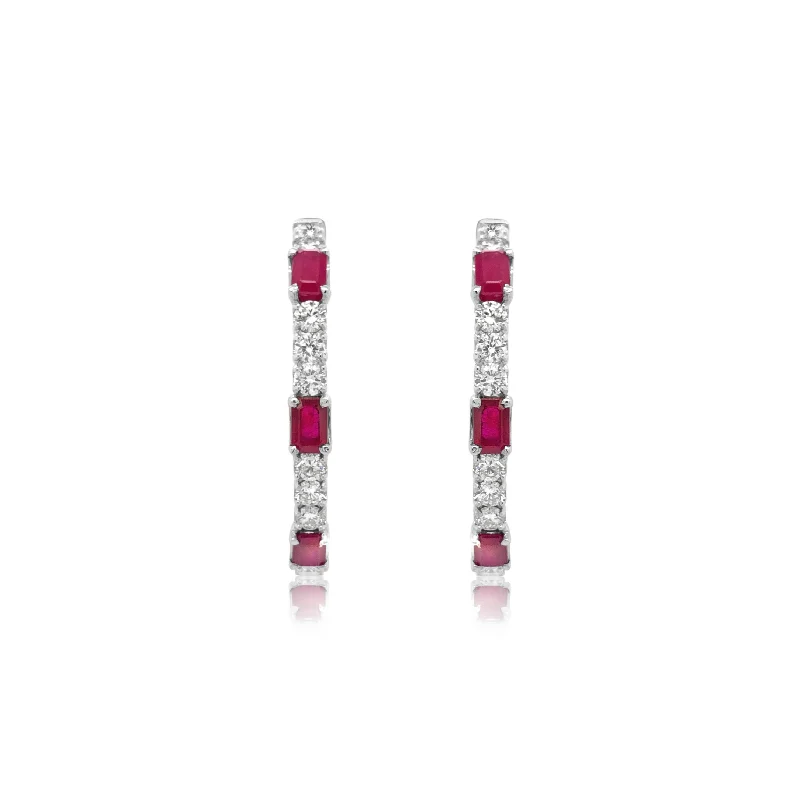 White Gold Diamond and Ruby Hoop Earrings