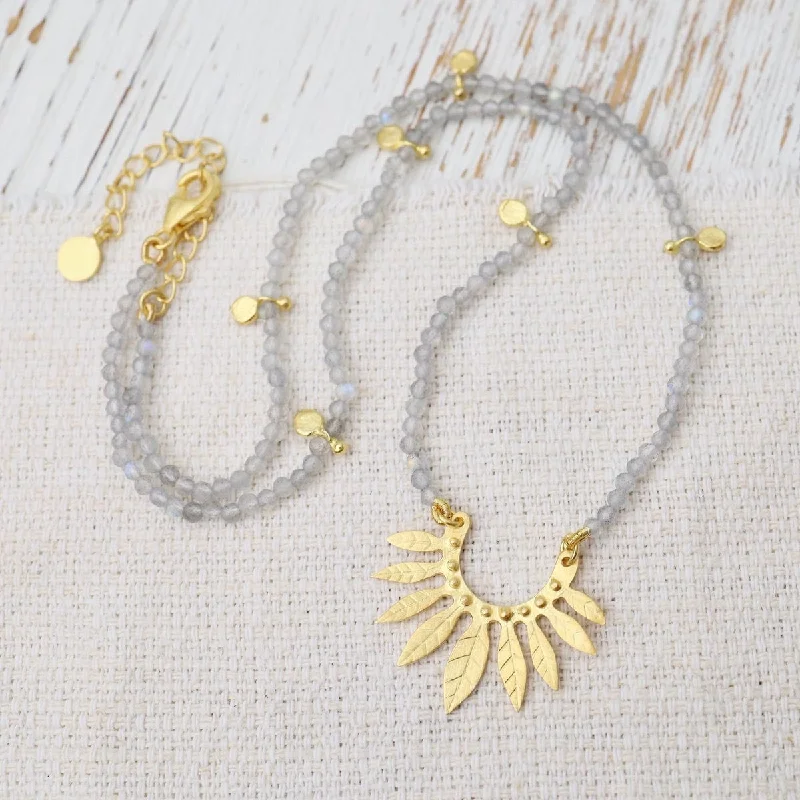 Labradorite & Gold Fan of Textured Leaves Necklace