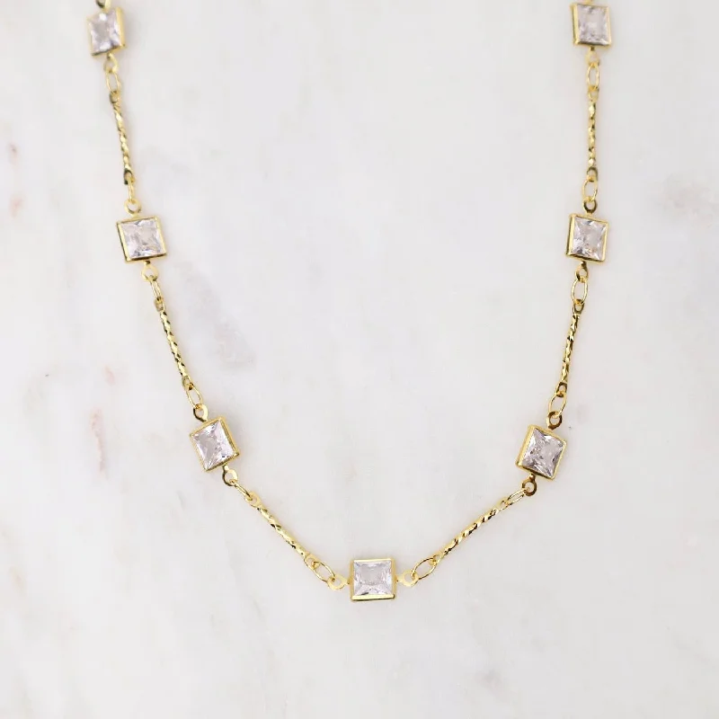 Gold Square Crystal Chain Necklace