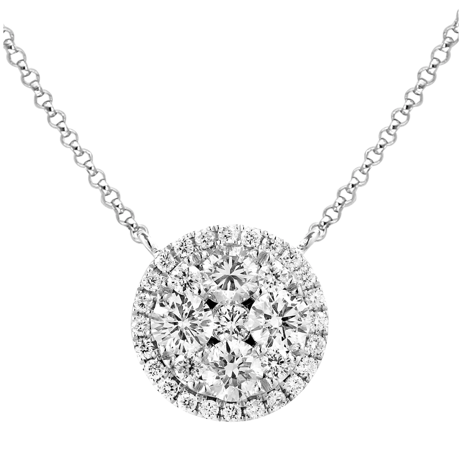 18K White Gold Diamond Round Halo Cluster Necklace