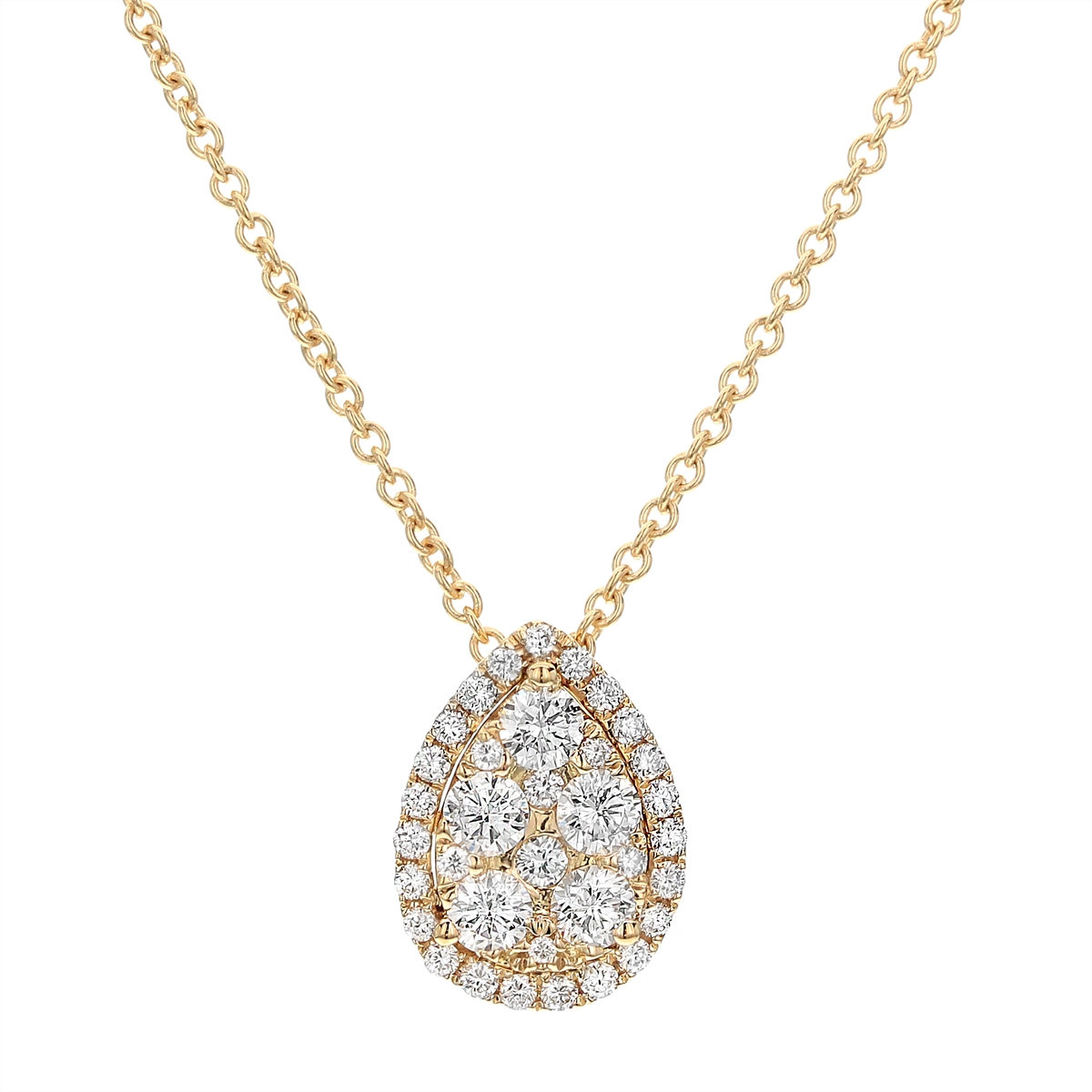 18K Yellow Gold Diamond Pear Shape Halo Cluster Necklace