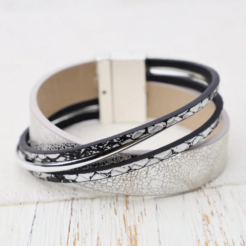 Matte Silver Metallic Silver & Black Print Bracele