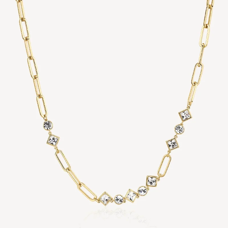 Stainless Steel Gold Tone Oval Link Chain with Asymmetrical Crystal Stations Necklace