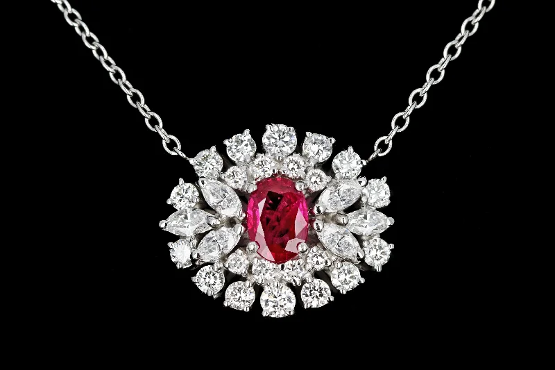 Modern 18K White Gold with 14K White Gold Chain 1.1 Carat Burma Ruby and Diamond Necklace Stone Group Laboratories Certified