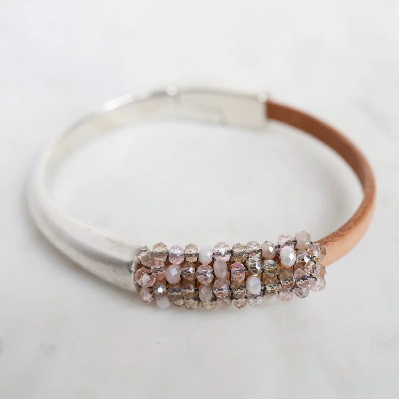 Hand Stitched Shell Light Pink Crystals on Brown Leather & Silver 1/2 Cuff