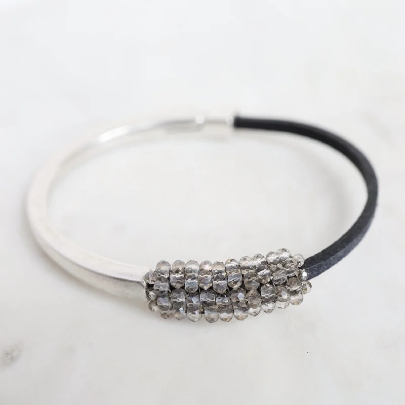 Hand Stitched Small Grey Crystals on Sanded Black Leather & Silver 1/2 Cuff