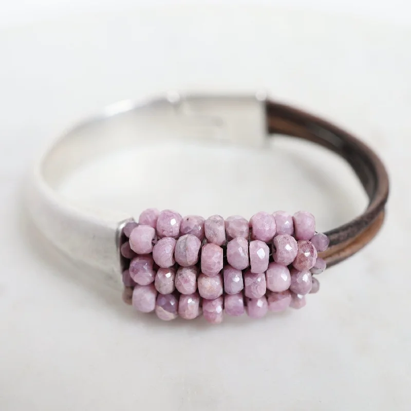 Hand Stitched Pink Silverite on Multi Vintage Grey Leather & Silver 1/2 Cuff