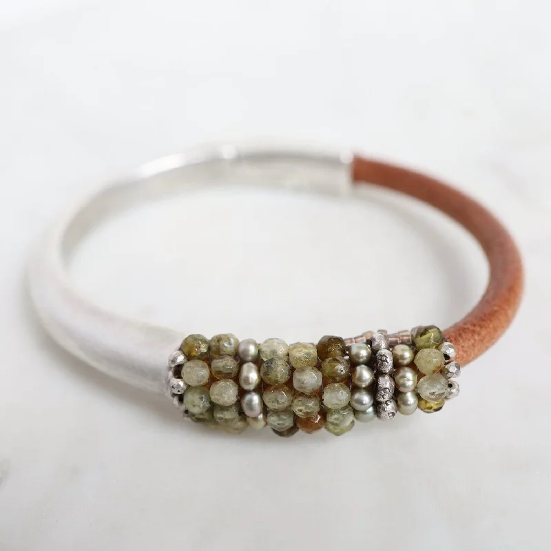 Hand Stitched Green Garnet & Green Pearls on Natural Leather & Silver 1/2 Cuff