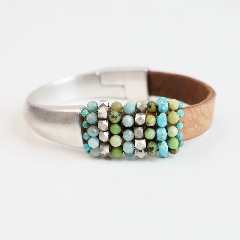 Hand Stitched Green Opal, Amazonite, & Silver Cube 1/2 Cuff