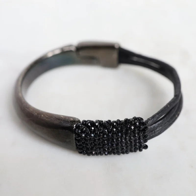 Hand Stitched Sparkly Small Black Spinel on Multi Black Leather & Gun Metal 1/2 Cuff