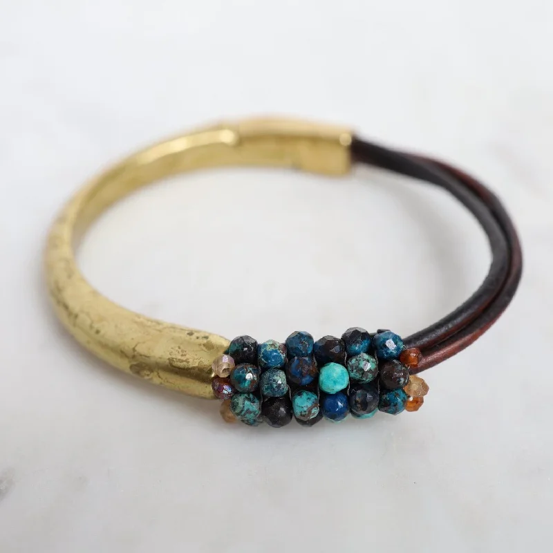 Hand Stitched Apatite on Multi Dark Brown Leather & Brass 1/2 Cuff