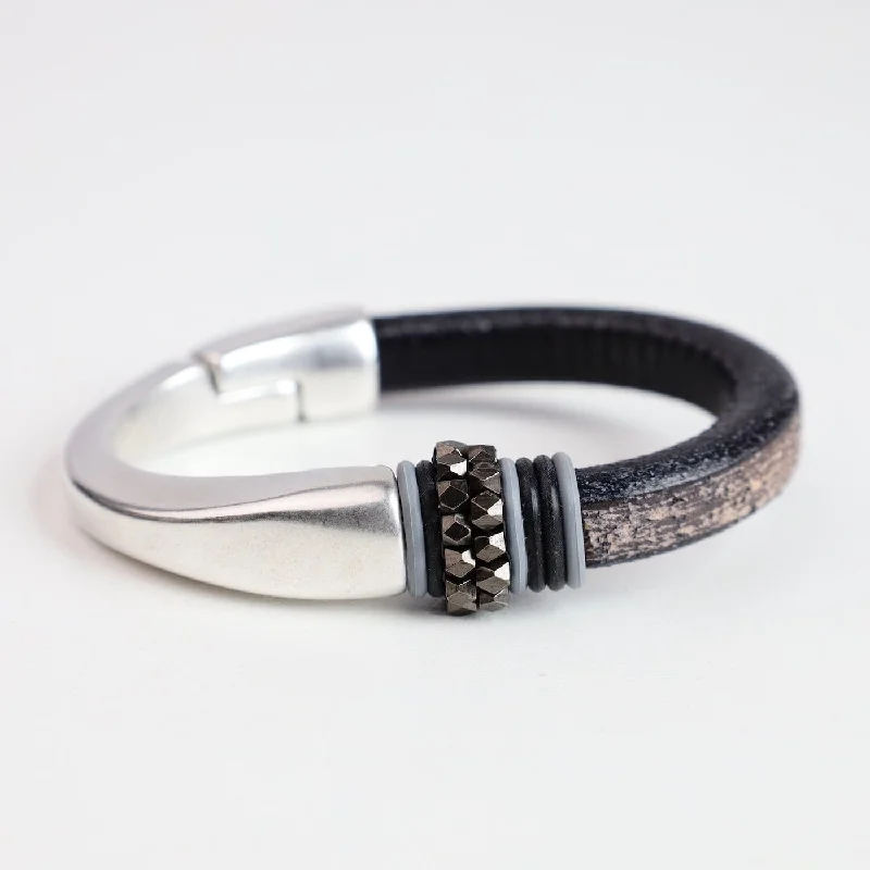 Larger Unisex Size Hand Stitched Metal Oxidized Black Leather 1/2 Cuff