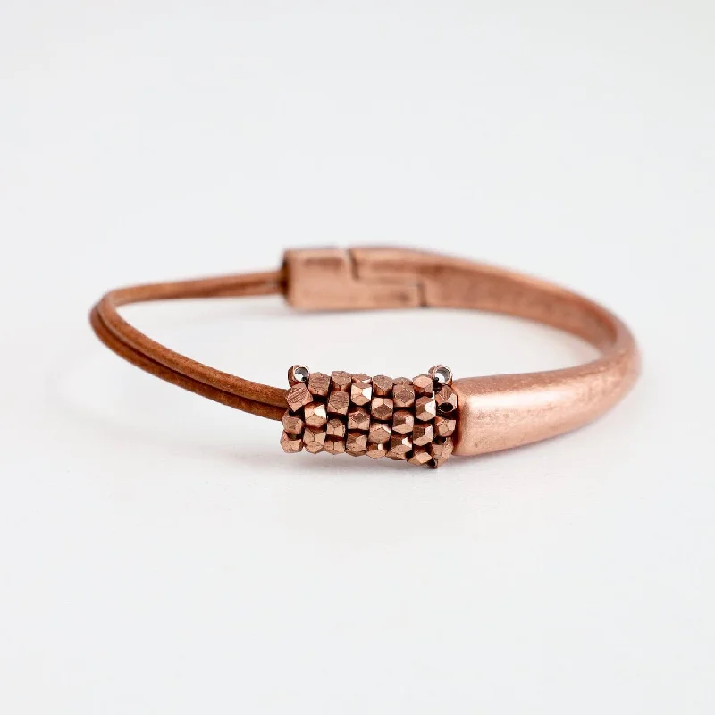 Hand Stitched Copper Cubes on Multi Strands Tan Leather 1/2 Cuff