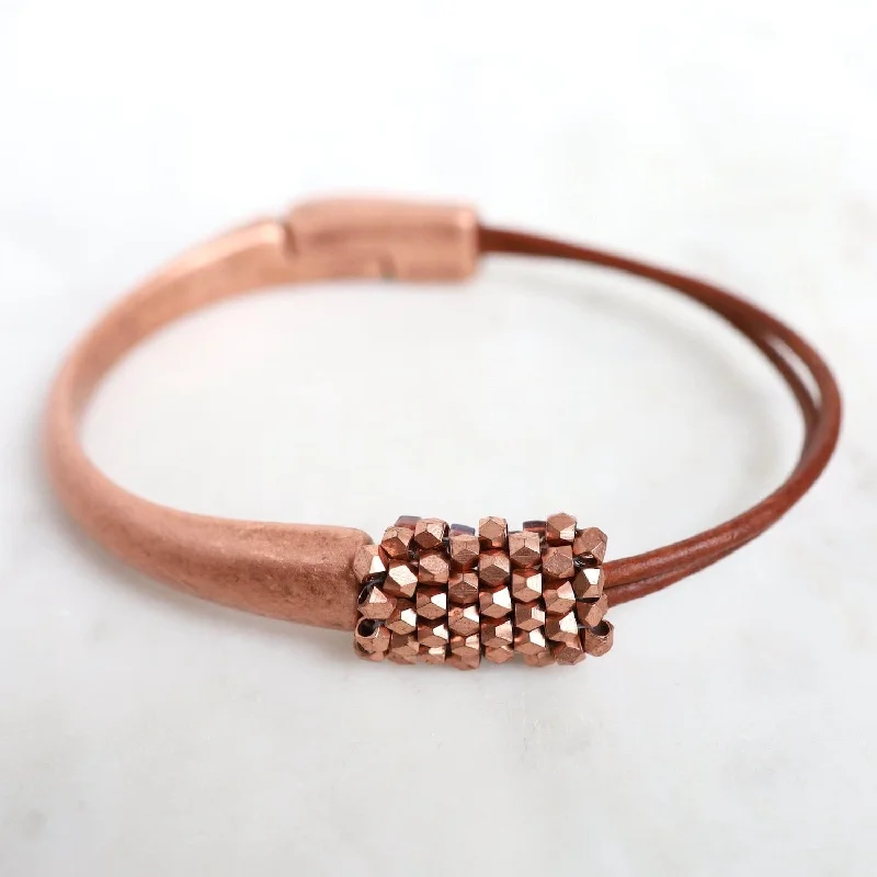 Hand Stitched Copper Cubes on Tan Leather & Copper 1/2 Cuff