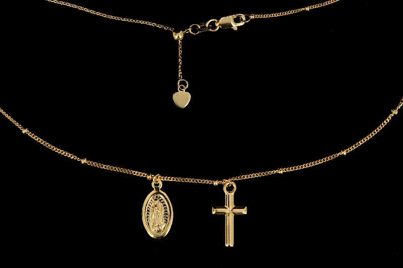 New 14K Yellow Gold Cross and Virgin Mary Necklace