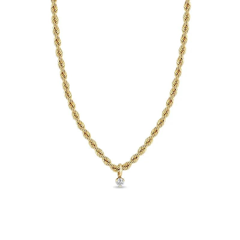 Gold Medium Rope Chain Necklace with White Diamond