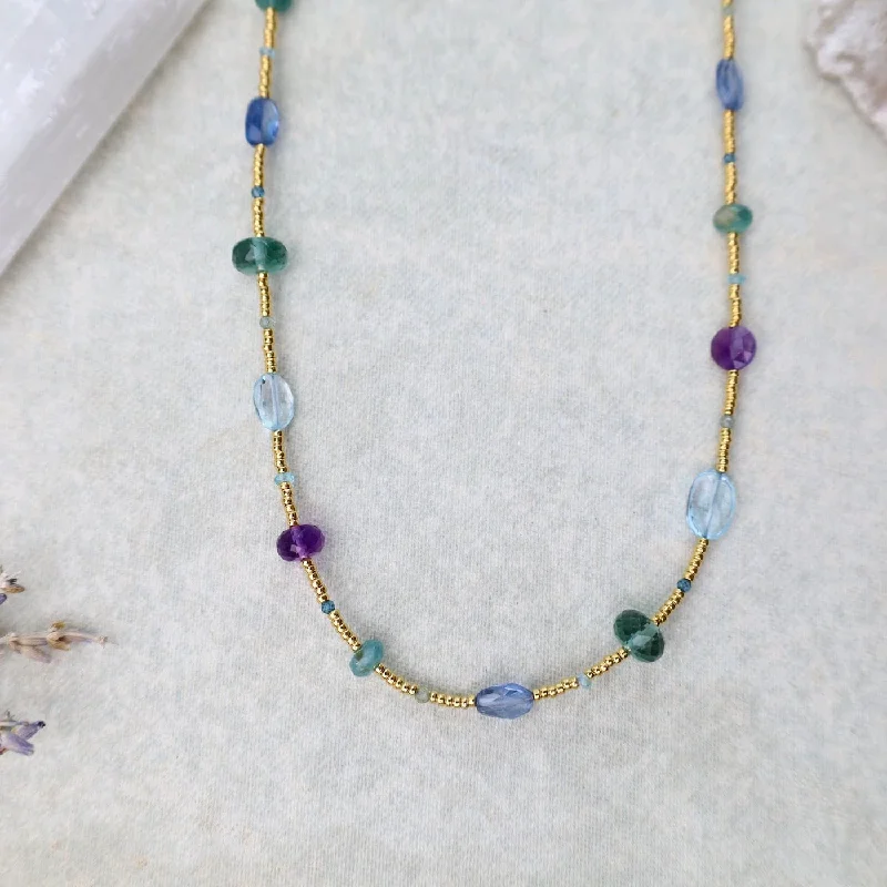 Gold glass, Amethyst, Grandidierite, & Blue Gemstone Necklace