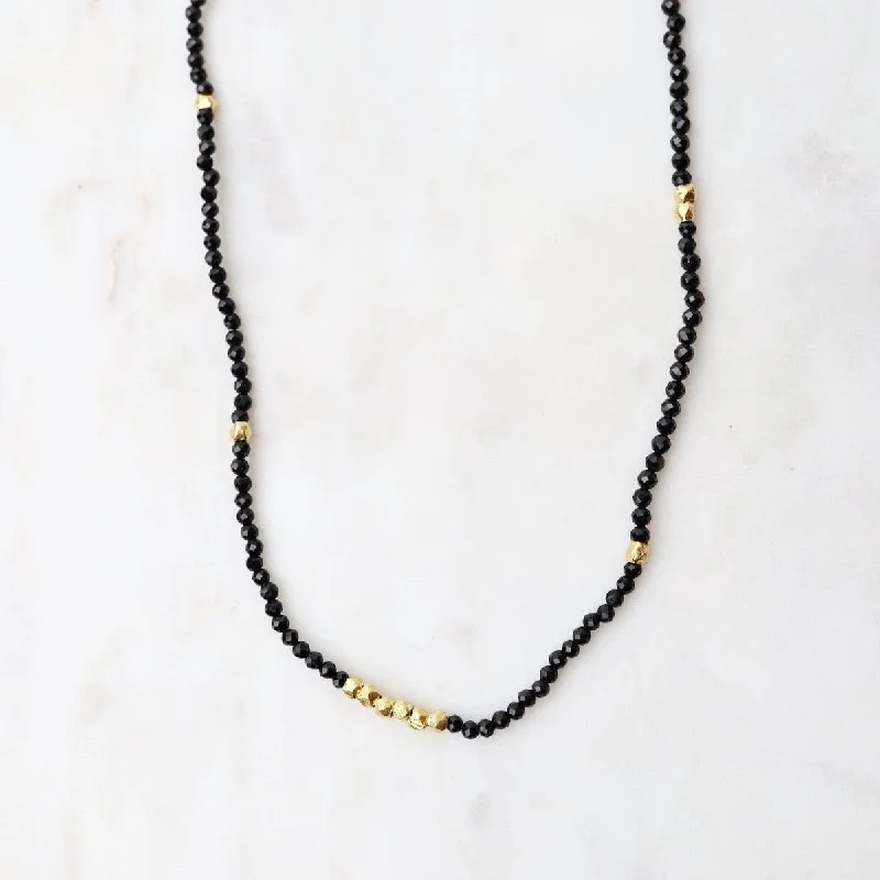 Tiny Black Spinel & Gold Nugget Beaded Necklace