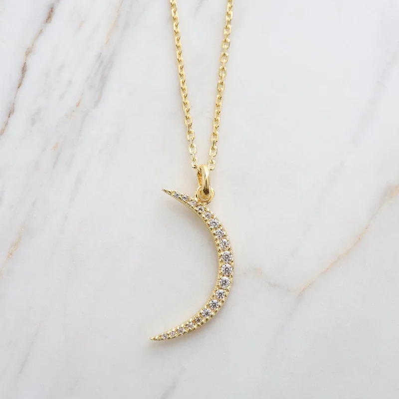 Gold Vermeil Large Pave Crescent Moon Necklace