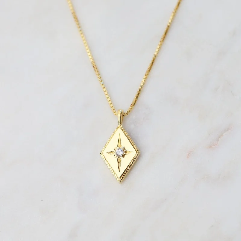 Diamond Shape with Star-set CZ Box Chain Necklace - Gold Vermeil