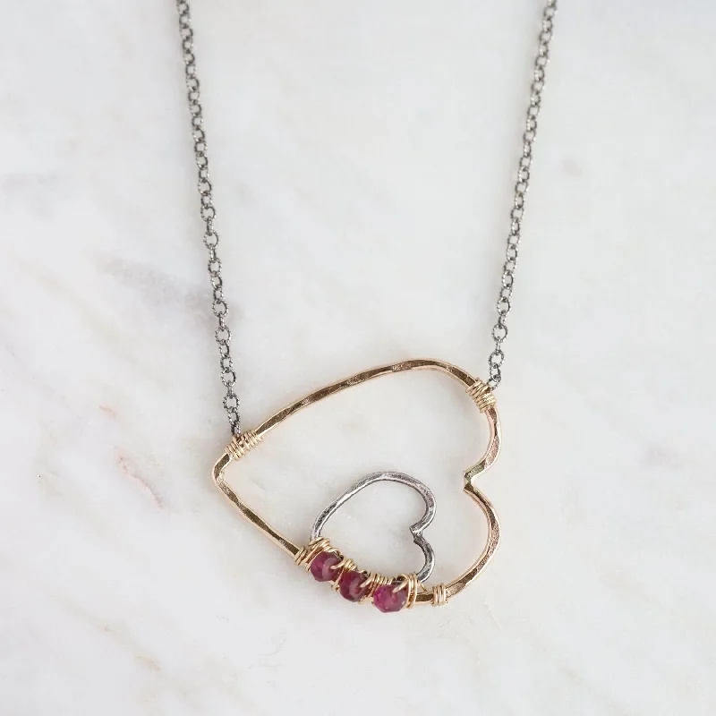 Gold & Silver Heart with Rhodolite Garnet Necklace