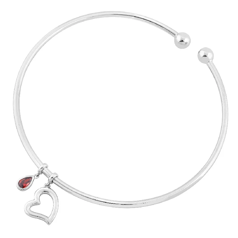 Open Heart, Ravishing Red CZ Bangle Bracelet, Rhodium Plated Sterling Silver