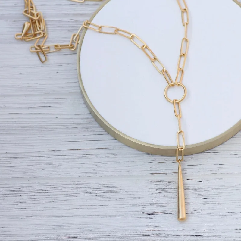 Paperclip Y Drop Necklace - Gold Plate