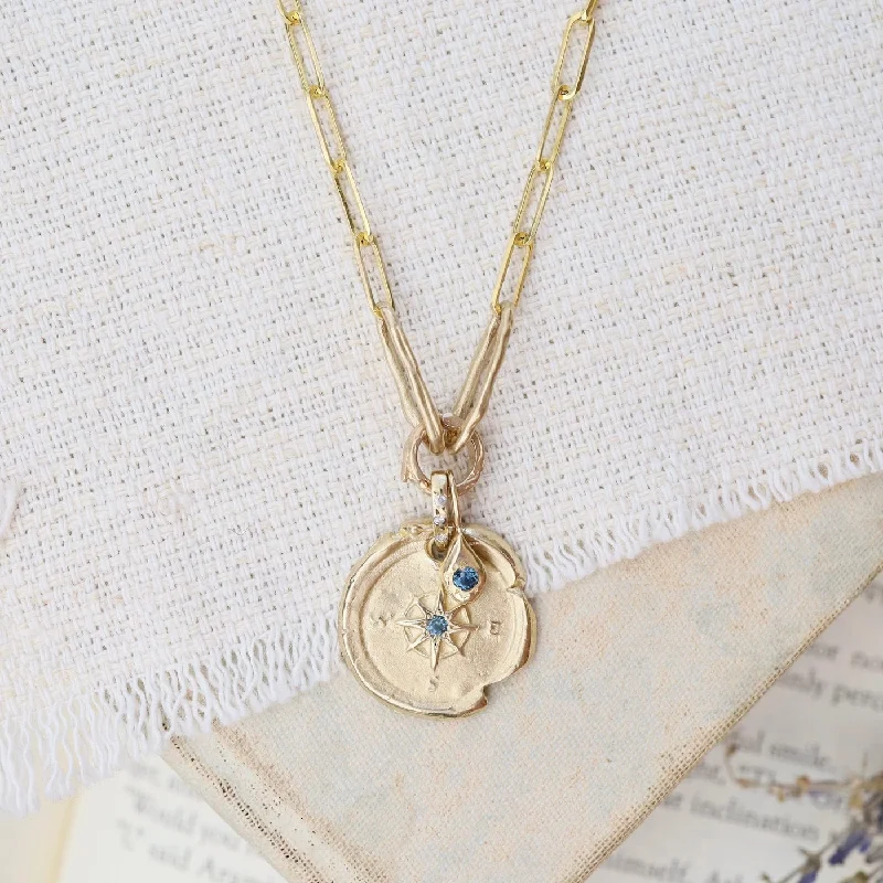 14k Yellow Gold Compass & Paperclip Necklace with Montana Sapphire