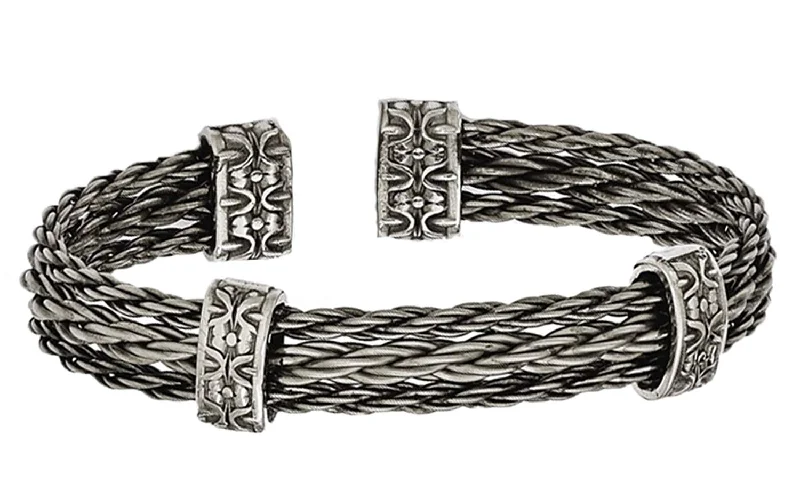 Men's Thorn Collection Gray Titanium Cable Wire with Cast Titanium Accent Cuff Bangle Bracelet, 7"